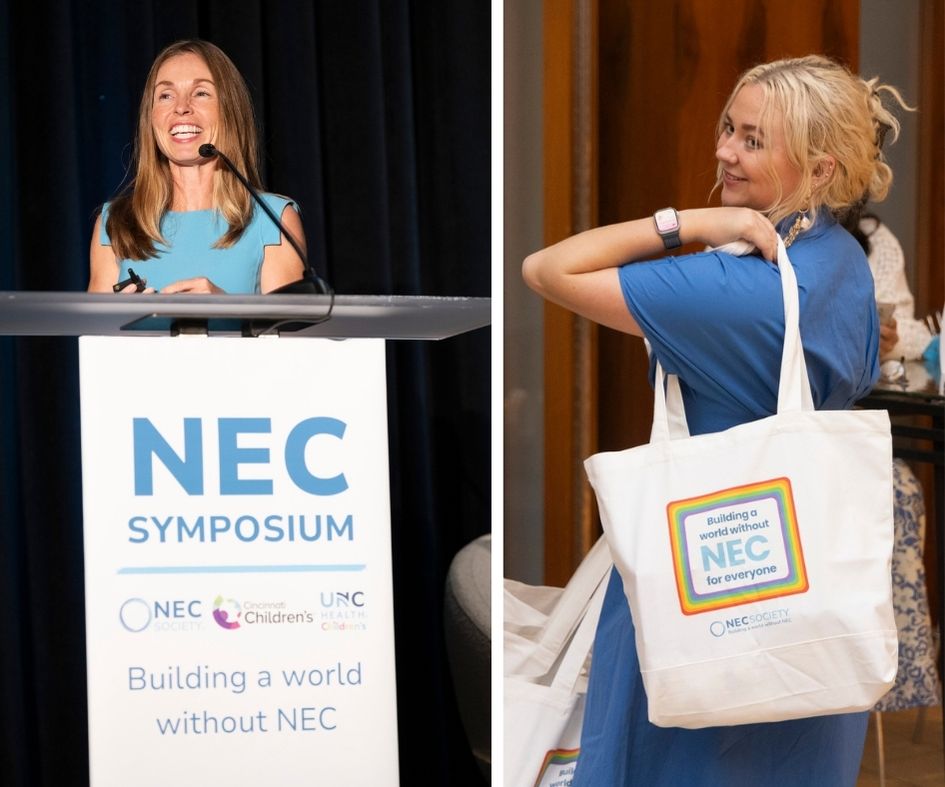 Jennifer at podium and person with NEC Society tote bag