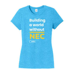 Women's blue building a world without NEC tee front